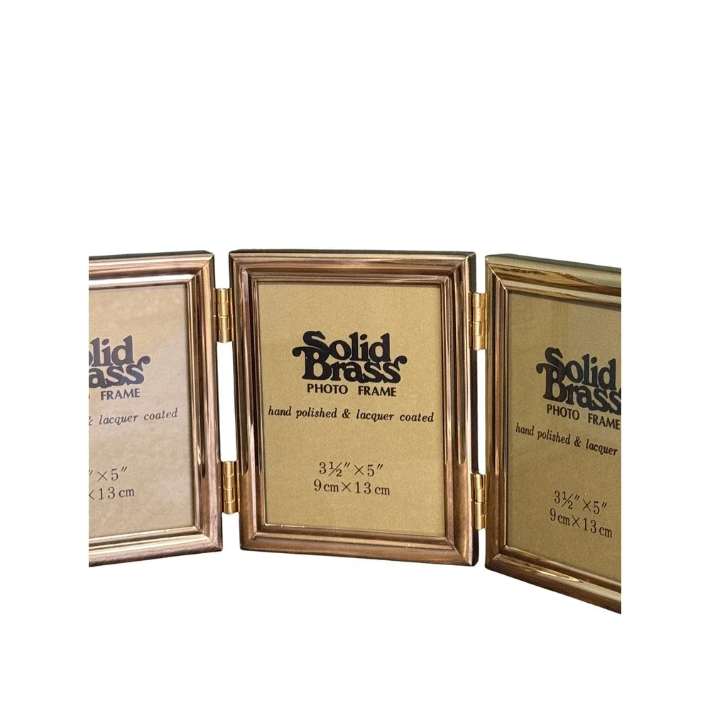 Vintage Solid Brass Triple Folding Picture Frame Triptych 3.5x5 Gold Tone
